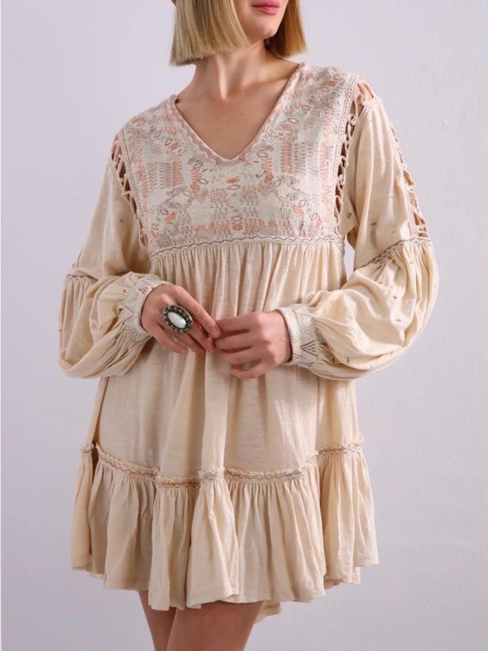FREE PEOPLE Much Love Embroidered Tunic Dress Boho Mini Size M - Picture 6 of 10